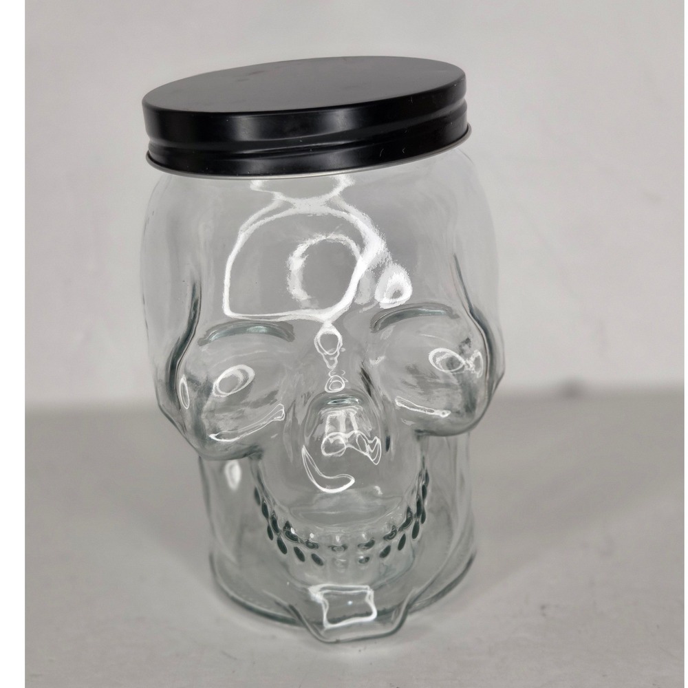 Clear Glass Skull Candy Jar with Black Metal Lid Halloween Gothic Decor